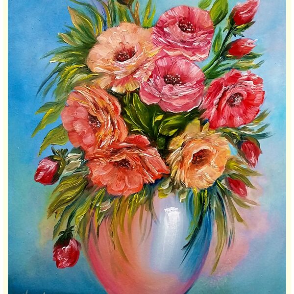 Rózsacsokor vázában 45x35 cm 65.000.-