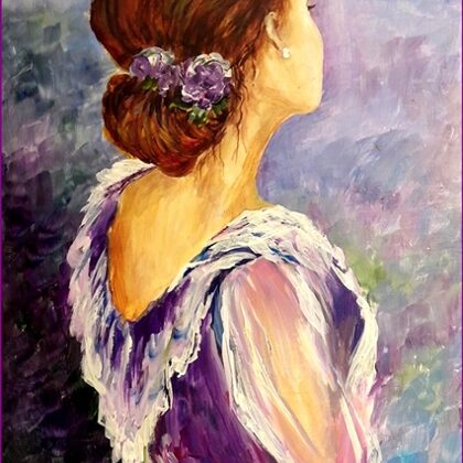 Lila ruhás lány rózsával 30x20 cm