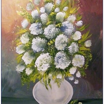 Fehér virágok fehér vázában 35x30 cm - eladva