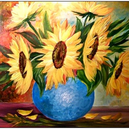 Napraforgók kék vázában 40x45 cm - eladva