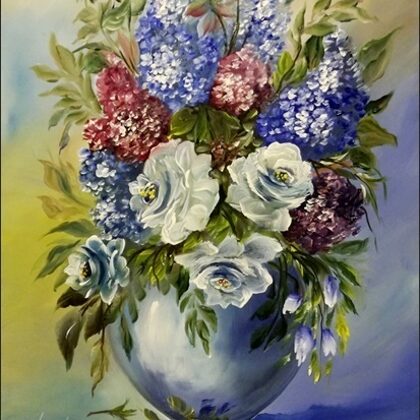 Virágok kék vázában 40x30 cm  - eladva