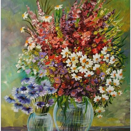 Apró virágok üveg vázában 40x35 cm - eladva