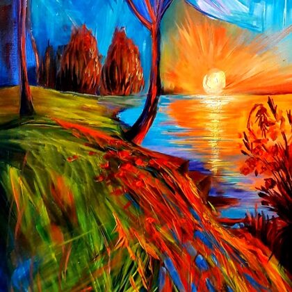 Lakeside Sunset 80x40 cm, oil, acrylic, canvas - 2020.