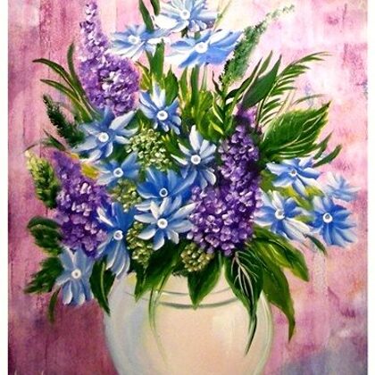 Violet Valo - Blue Flowers in White Vase, 40x30cm