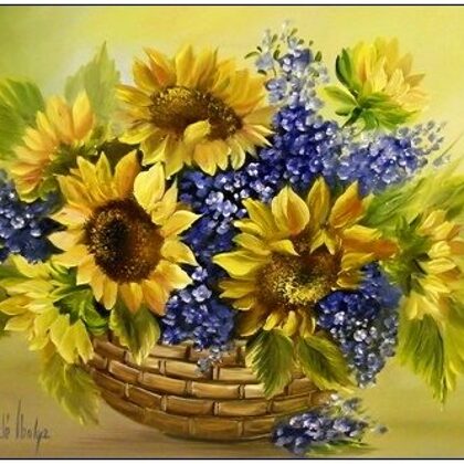 Violet Valo - Sunflowers and Blue Flowers, 30x40 cm