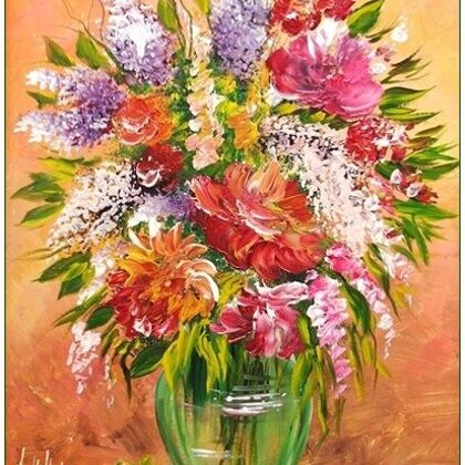 Violet Valo - Mixed Bouquet in a Green Vase, 45x40 cm