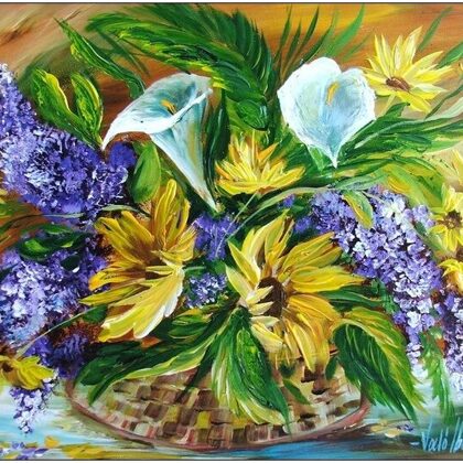 Violet Valo - Mixed Flowers in Basket, 40x45 cm