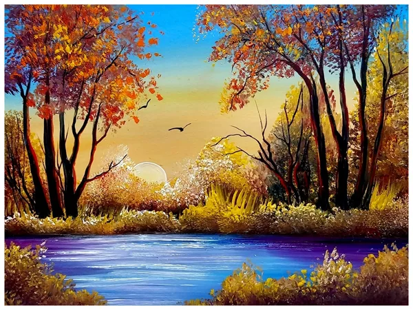 Kék ég... vízpart.... őszi fák 30x40 158.000.- Ft