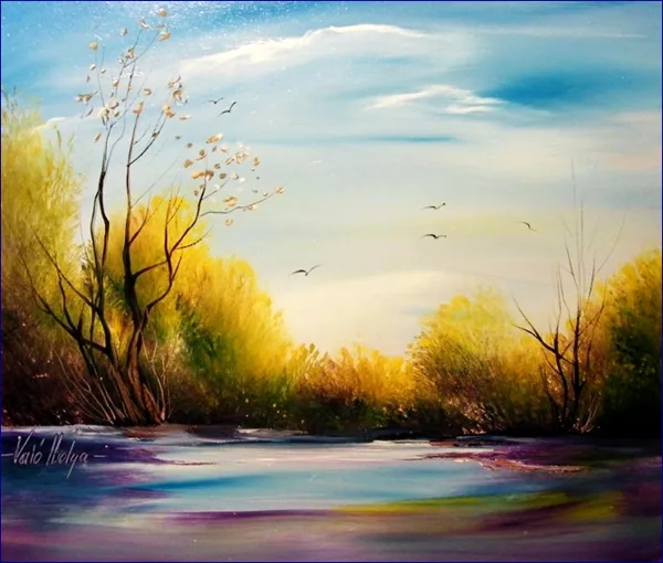 Madarak a kékvízű tó fölött 30x40 cm
