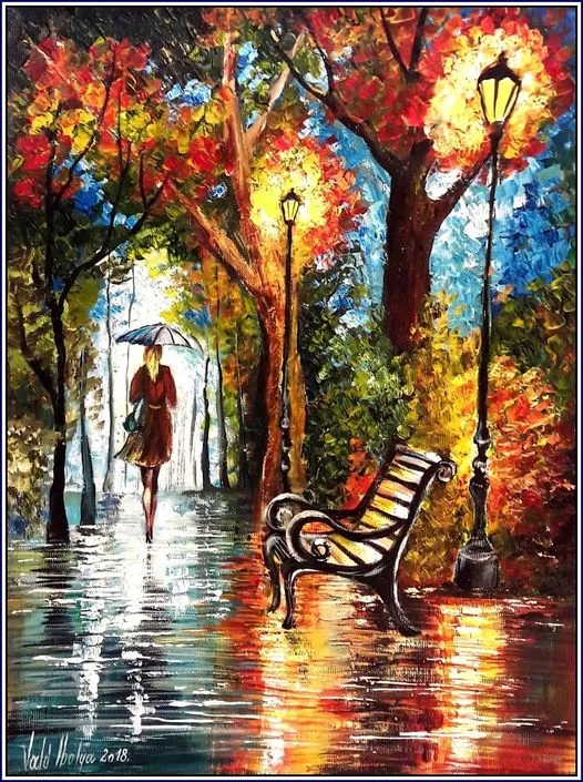 A  parkban egy  esős estén  40x30 cm