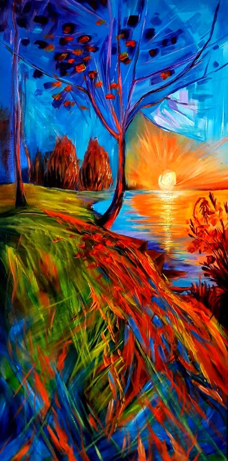 Tóparti naplemente 80x40 cm olaj akril,, feszített vászon