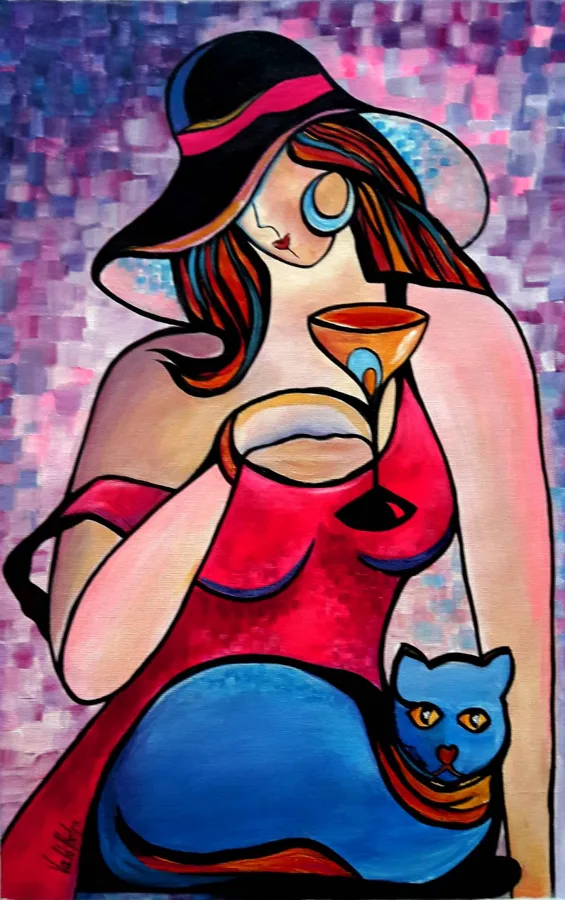 Lány kék macskával 50x35 cm