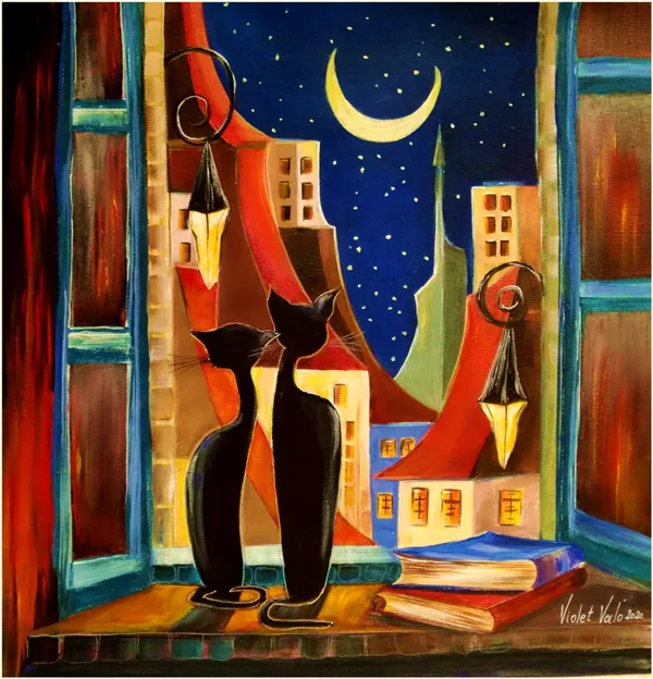 J.K. Reprodukció, Macskák holdfényben 40x45 cm