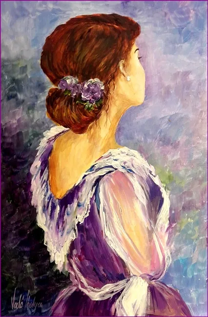 Lila ruhás lány rózsával 30x20 cm