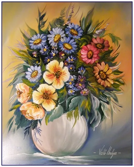 Virágok fehér vázában 40x30 cm - eladva