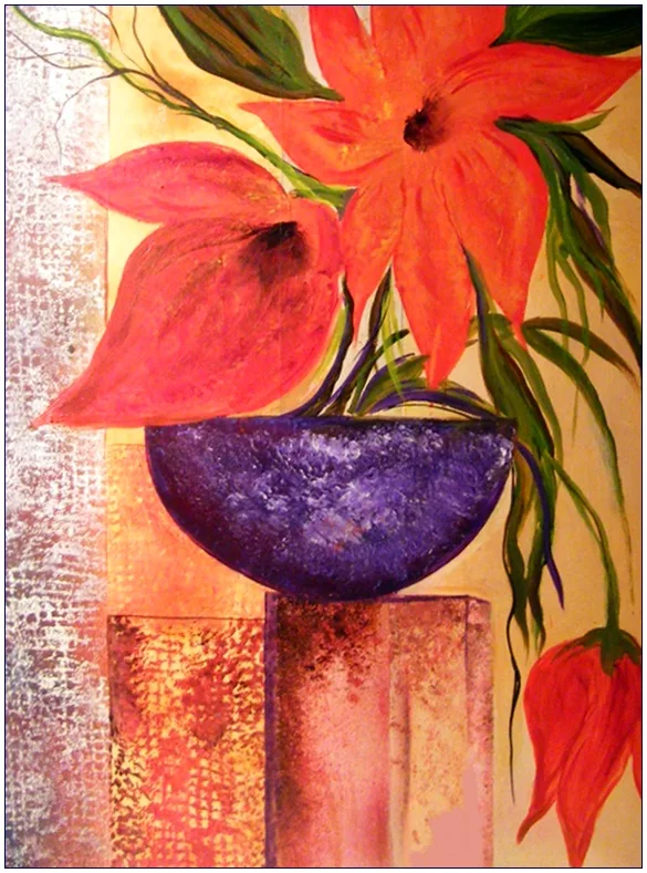 Piros virágok lila kaspóban 40x30 cm