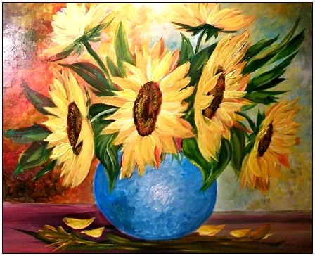 Napraforgók kék vázában 40x45 cm - eladva
