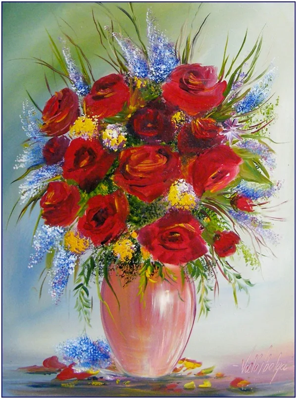 Piros és kék virágok 40x30 cm - eladva