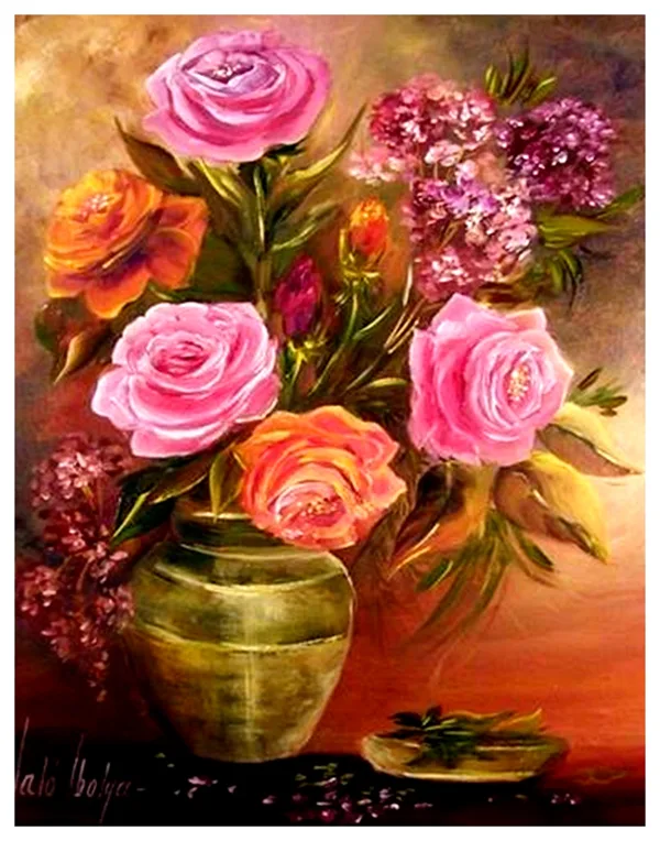 Virágok arany vázában  45x35 cm