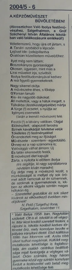 2004. Szigethalom -  Pető Ilona újságíró cikke A képzőművészet bűvöletében címmel