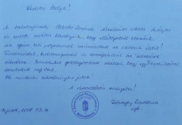 Entry from a head teacher,Elementary School Eötvös Loránd, Balatonfüred, March 14, 2008.