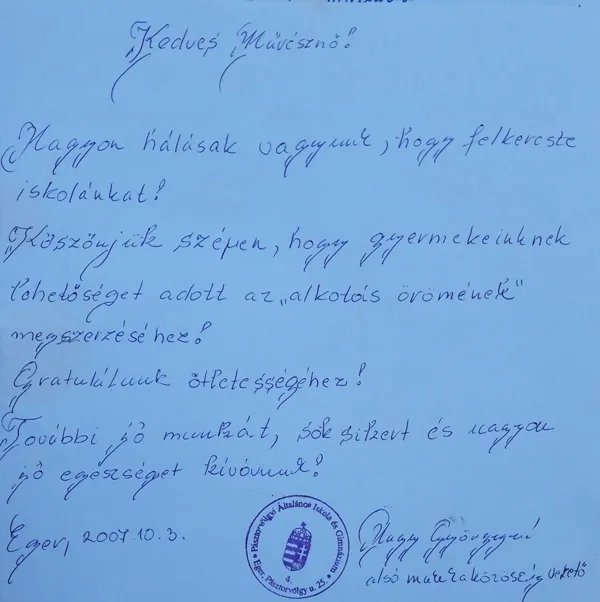 Entry from a head teacher. School Pásztorvölgyi, Eger, October 3. 2007. 