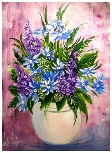 Violet Valo - Blue Flowers in White Vase, 40x30cm