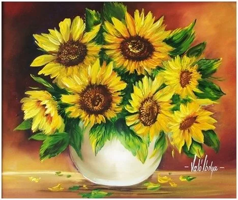 Violet Valo - Sunflowers in White Vase, 40x35 cm