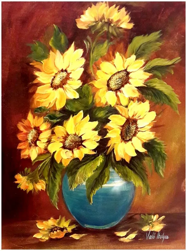 Violet Valo - Sunflowers in Blue Vase, 45x35 cm
