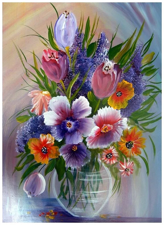 Violet Valo - Fresh Flowers in Glass Vase, 40x30 cm