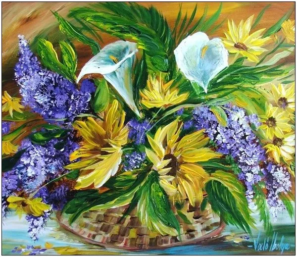 Violet Valo - Mixed Flowers in Basket, 40x45 cm